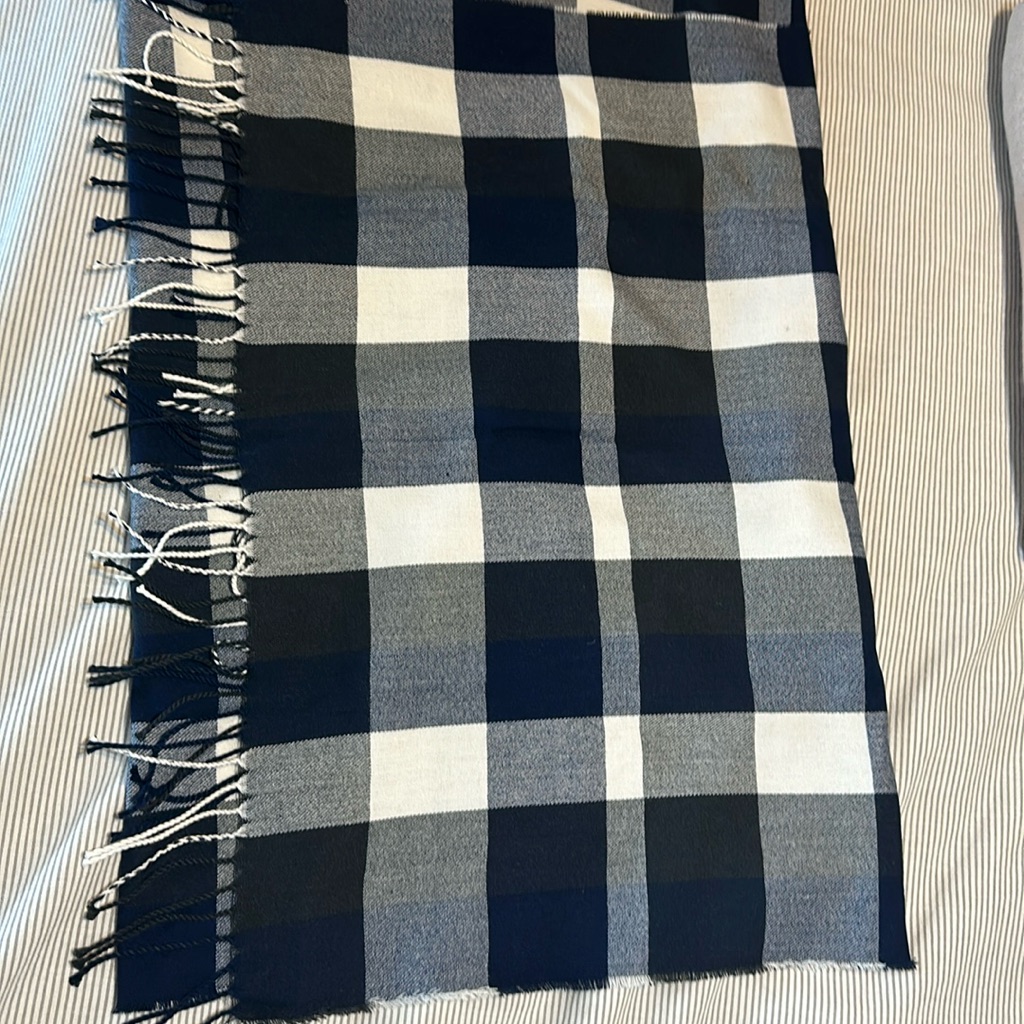 Navy Blue And White Scarf With Fringe